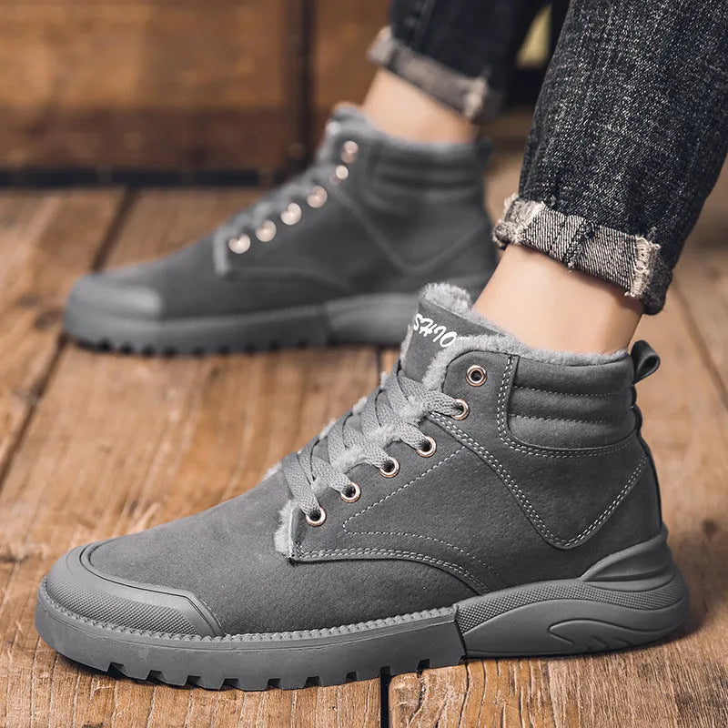 Men's winter ankle boots in matte suede with plush lining, rubber sole, and front tie closure