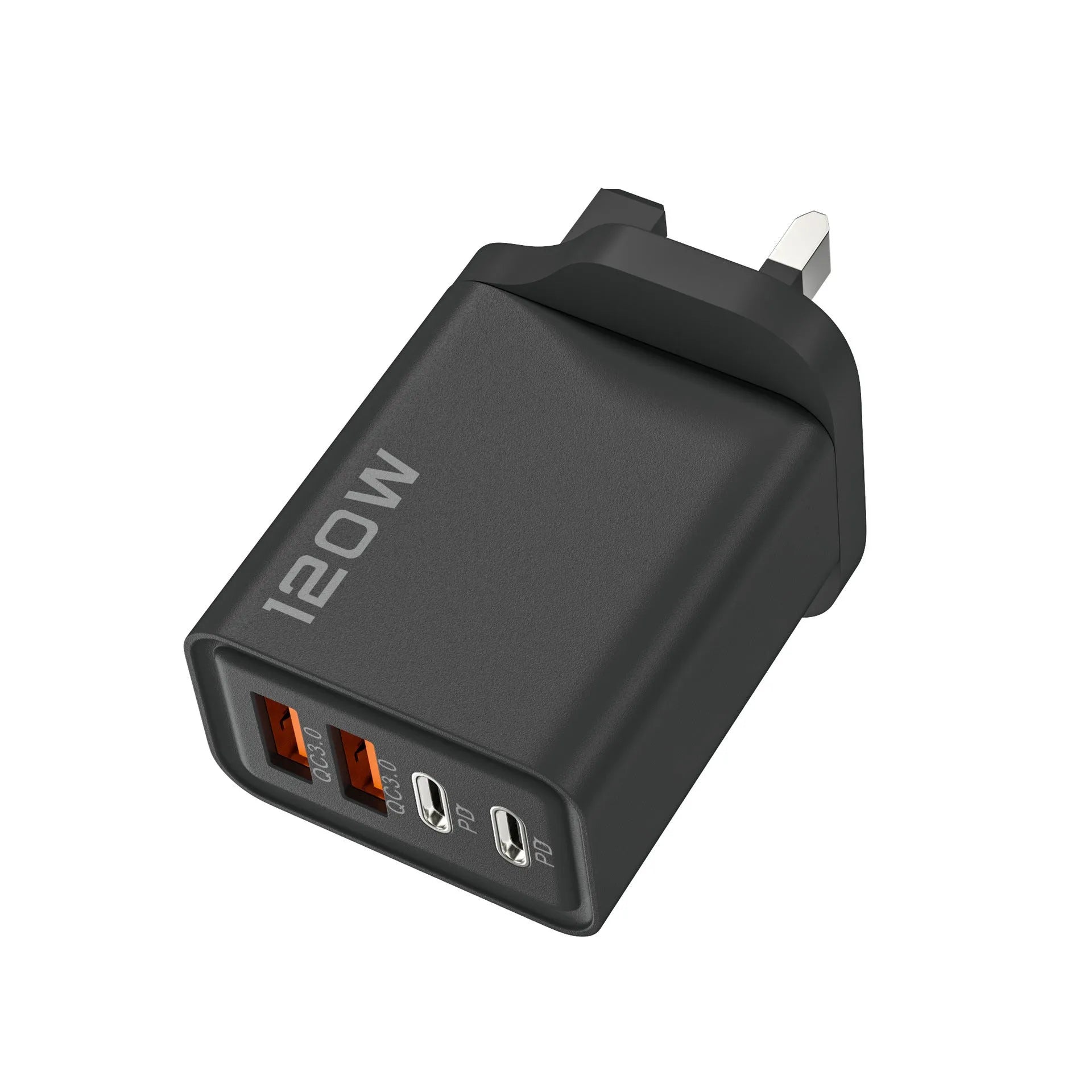 120W dual PD dual USB wall charger in Black, White, and Yellow with UK and EU plug options