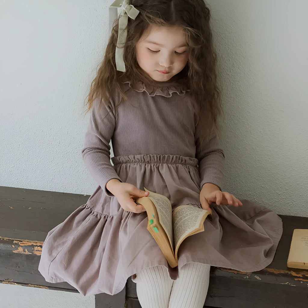Girl's solid colour cotton lace layering stitching princess dress in lotus root starch colour with long sleeves