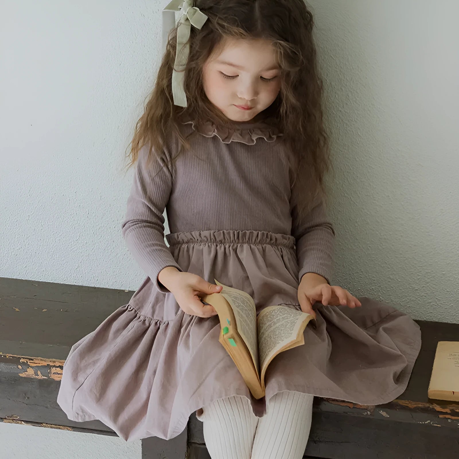 Girl's solid colour cotton lace layering stitching princess dress in lotus root starch colour with long sleeves