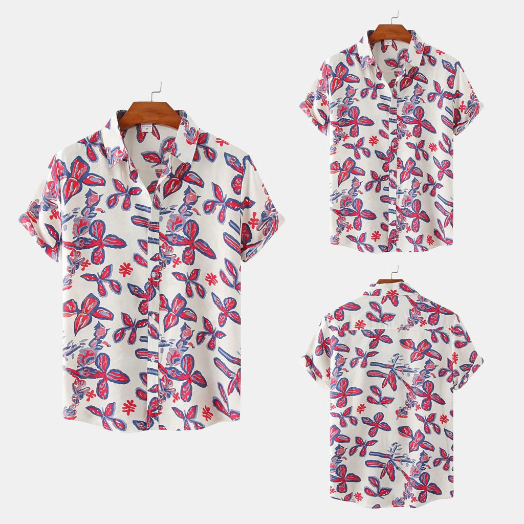 Men's floral short sleeve shirt slim fit cotton top in white khaki black sizes M to 3XL