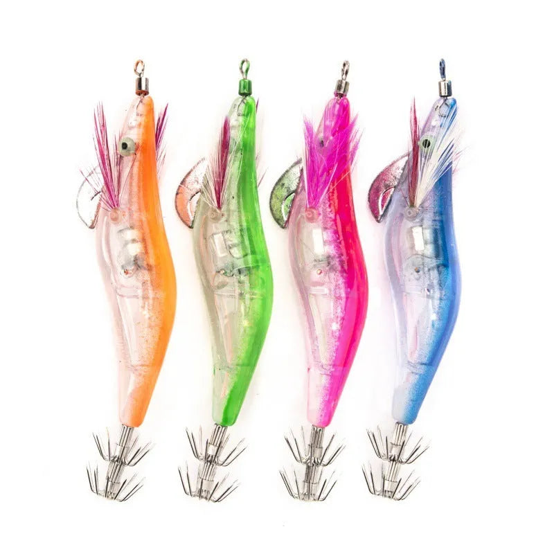 10cm electronic shrimp mino hard bait with 2.5# hooks, 3D eyes, and four colour options for sea rod fishing