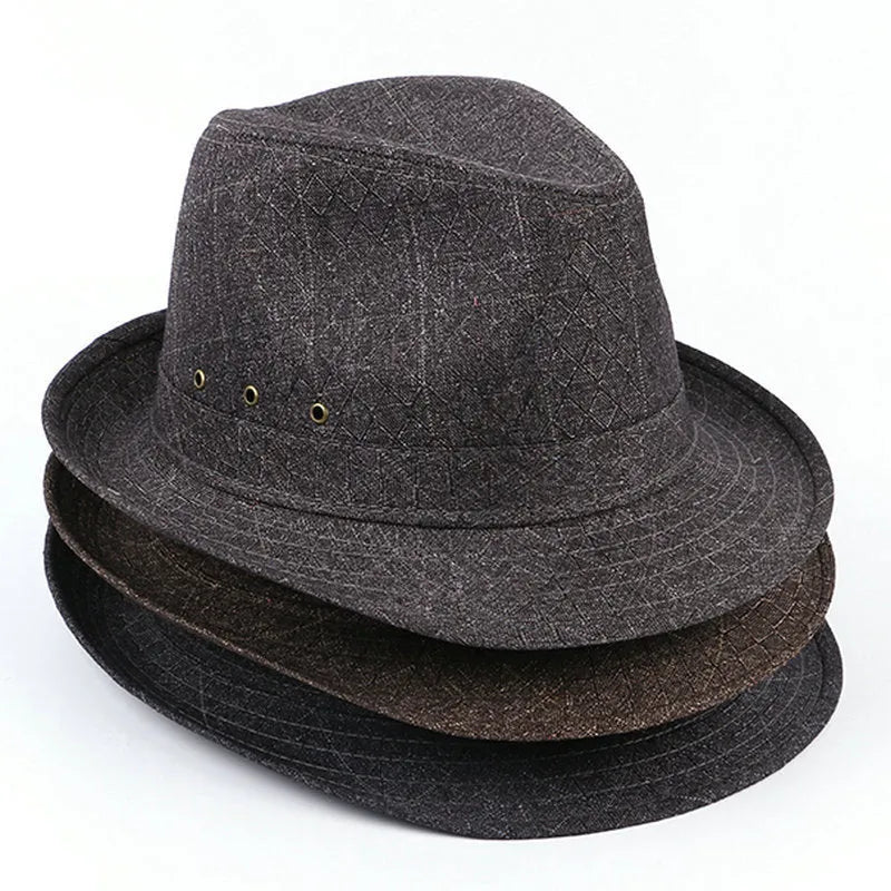 Men's classic fedora hat in suit material showing centre crease crown and flat brim.