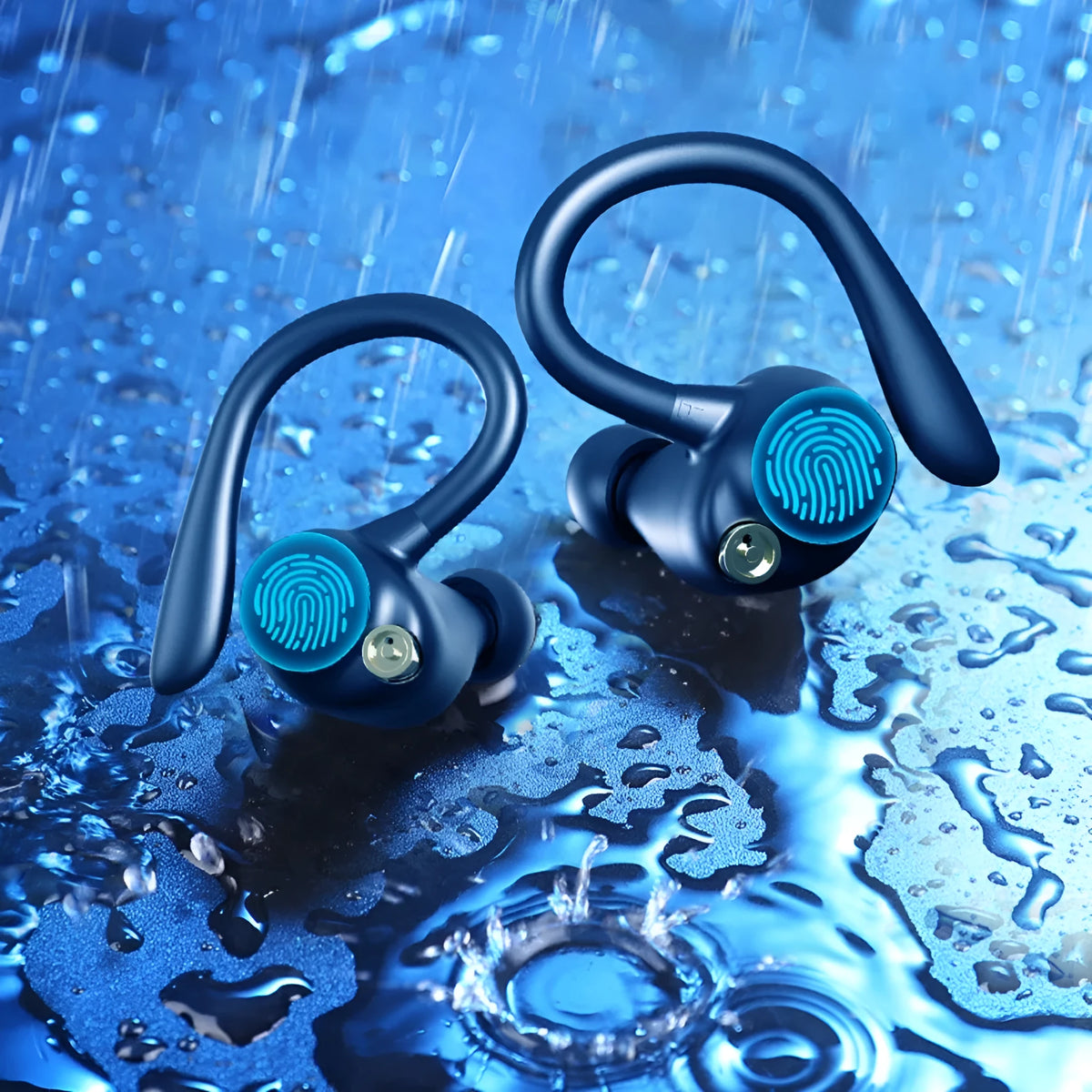Black PC ABS in-ear Bluetooth headset with ear hook and digital display