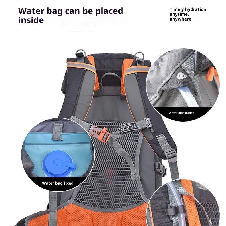 35L nylon hiking backpack in green colour with front zip pocket and compression straps for outdoor use