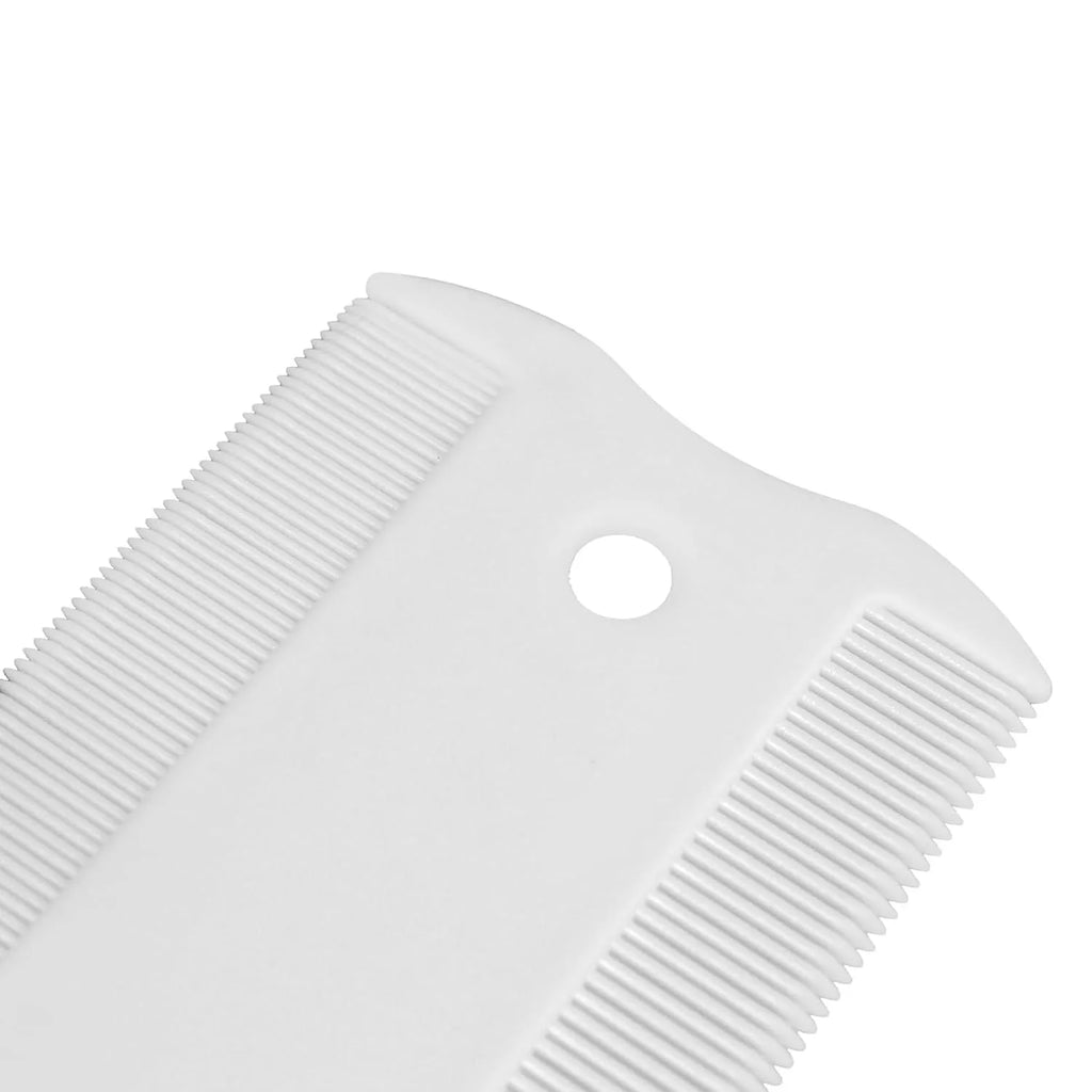 Double-sided plastic pet flea comb showing dense tooth row and grate mouth design for dog and cat grooming