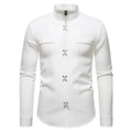 Men's long-sleeved polyester slim-fit cardigan-style casual shirt in white, black, and khaki, sizes S to 2XL