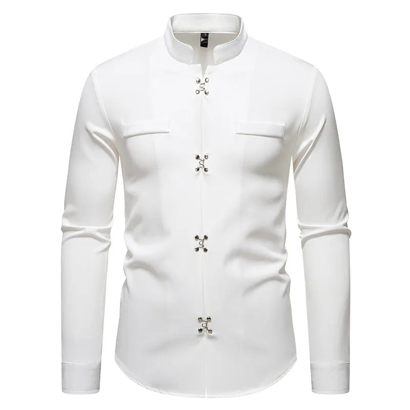 Men's long-sleeved polyester slim-fit cardigan-style casual shirt in white, black, and khaki, sizes S to 2XL
