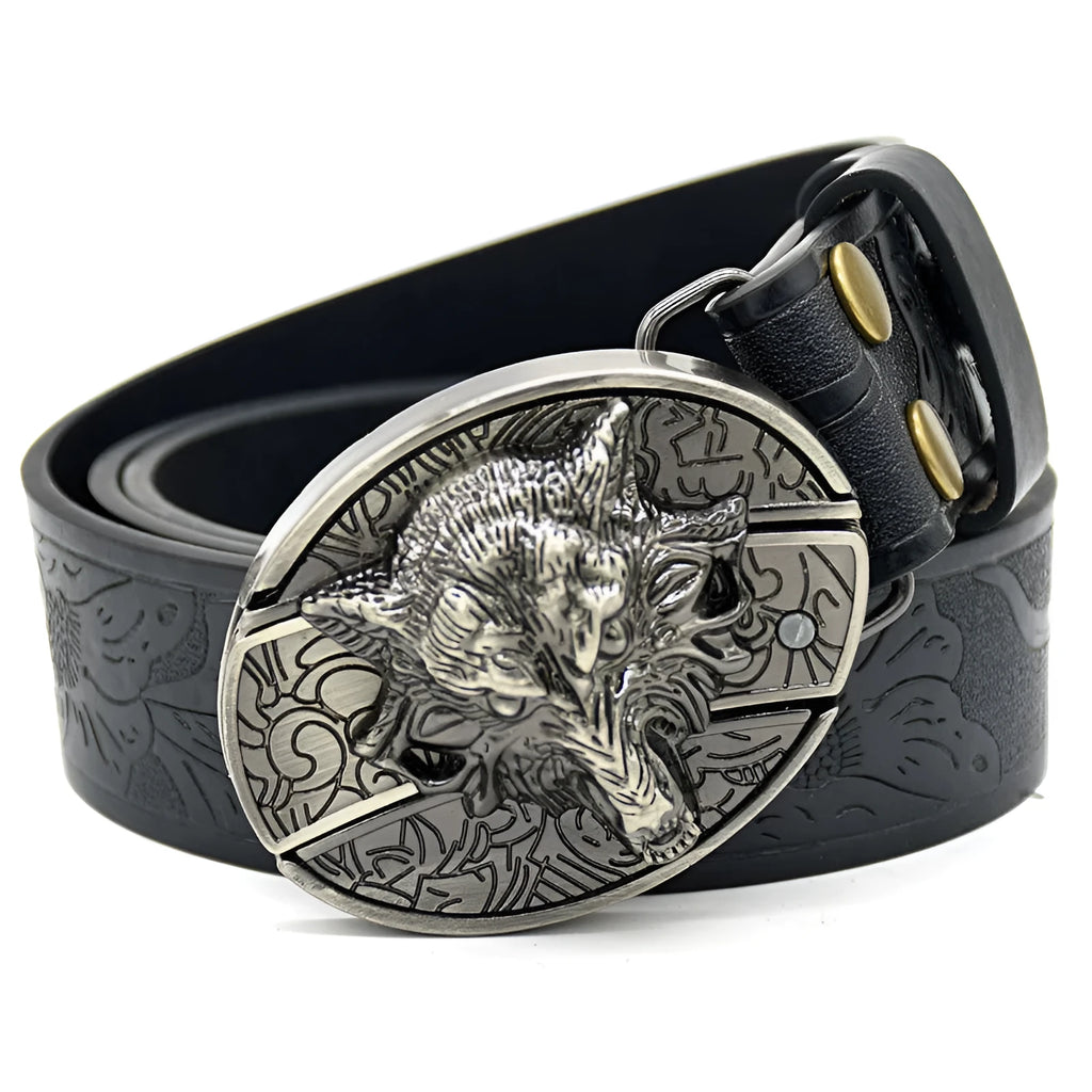 Men's casual all-match smooth buckle belt in Black Wolf Head, imitation leather with alloy buckle, 120cm length