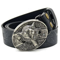 Men's casual all-match smooth buckle belt in Black Wolf Head, imitation leather with alloy buckle, 120cm length