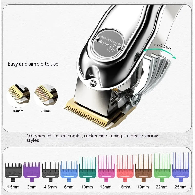 Silver electric hair clipper with LCD display, metal body, ten guide combs, cleaning brush, oil bottle, and storage bag.