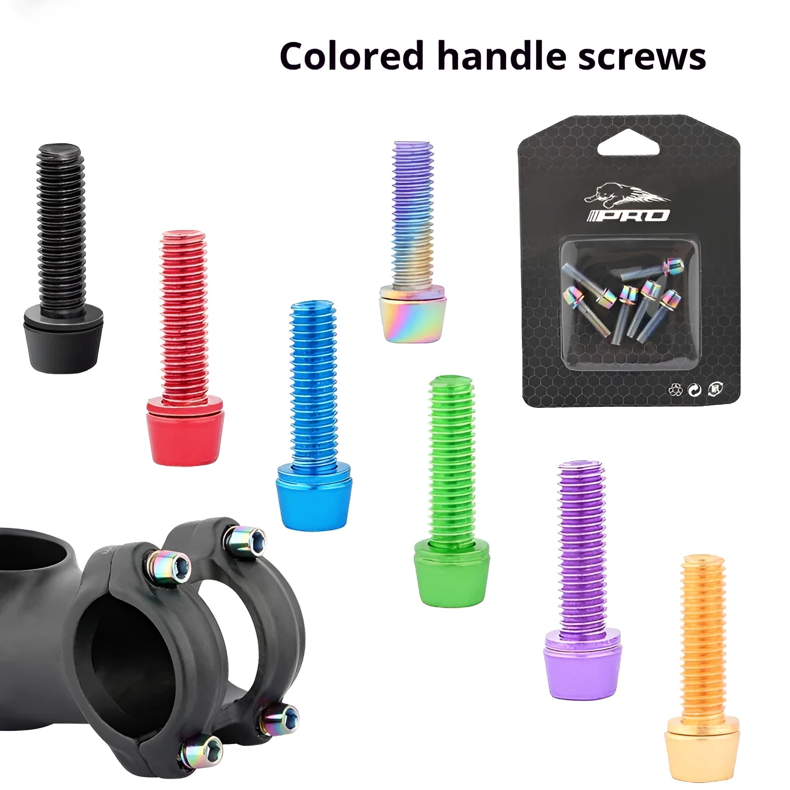 Six stainless steel mountain bike handlebar screws in seven colour options on packaging card
