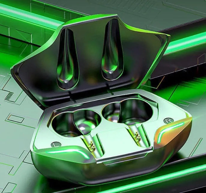 A wireless Bluetooth gaming headset with earpieces, a compact charging cabin, USB cable, and four interchangeable headset caps.