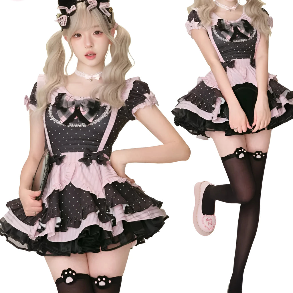 Black polka dot top with suspender skirt and crinoline support, girly dotted three-piece set in sizes S M XS