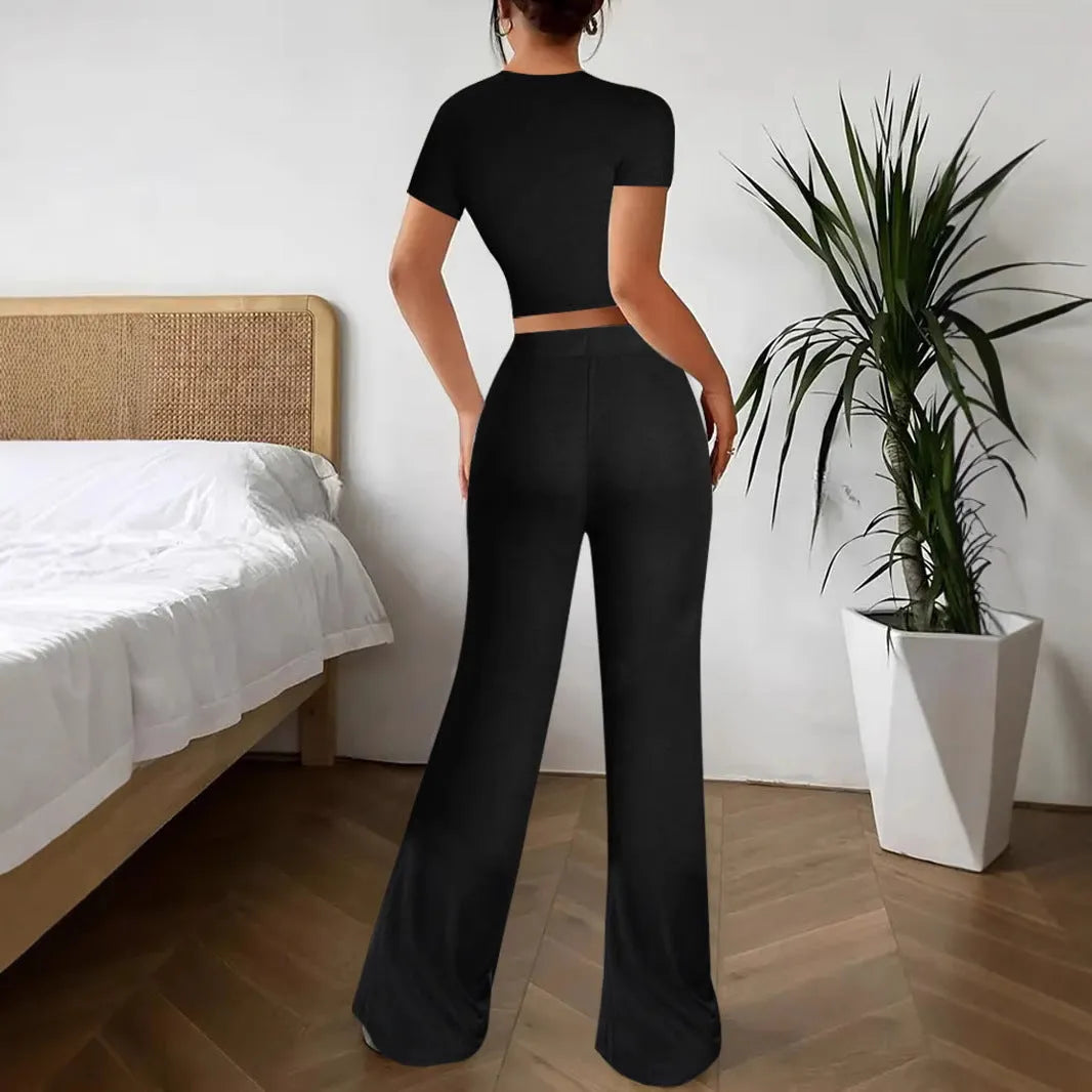 Women's black high waist trousers and short sleeve top polyester suit set