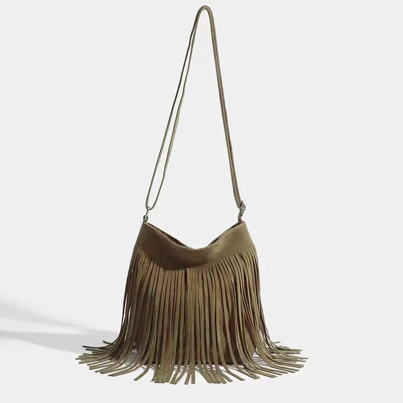 Canvas shoulder bag with tassel decoration in literary style, square vertical shape, available in multiple colours