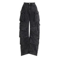 Women's tie-dyed high waist wide leg trousers with multiple pockets in denim fabric