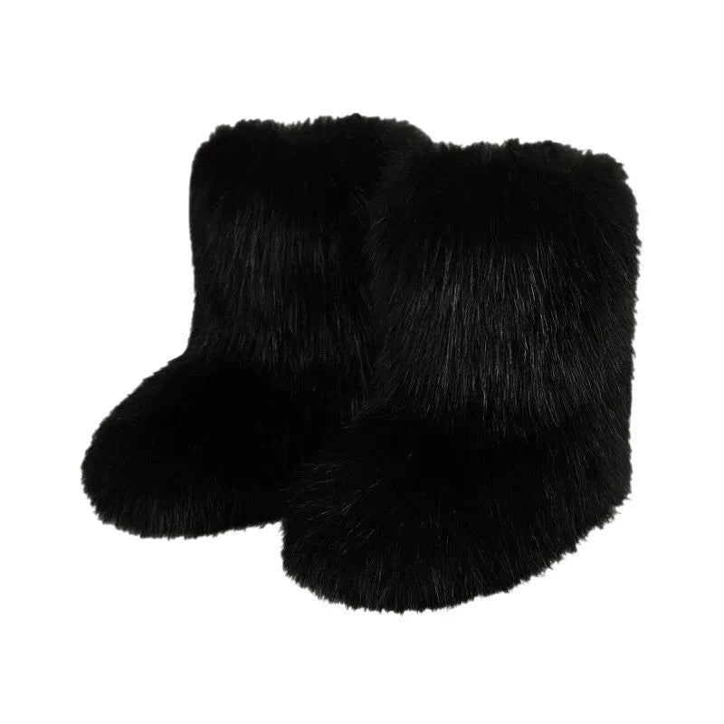 Women's mid-calf faux fur winter boots with flat heel and plush lining, shown in imitation raccoon fur khaki
