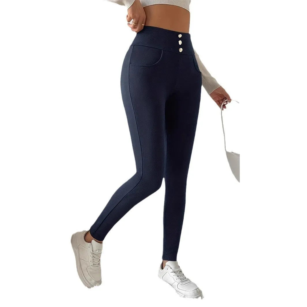 Navy blue women's high-waist trousers with straight-leg design on hanger