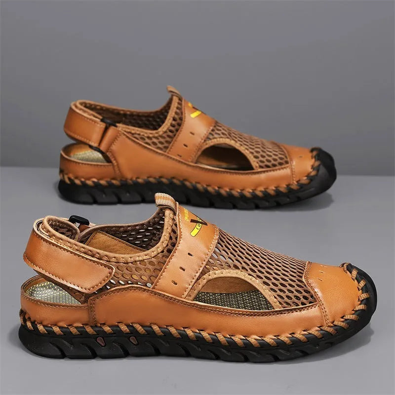 Men's brown genuine leather mesh breathable low-top shoes with elastic band and round toe