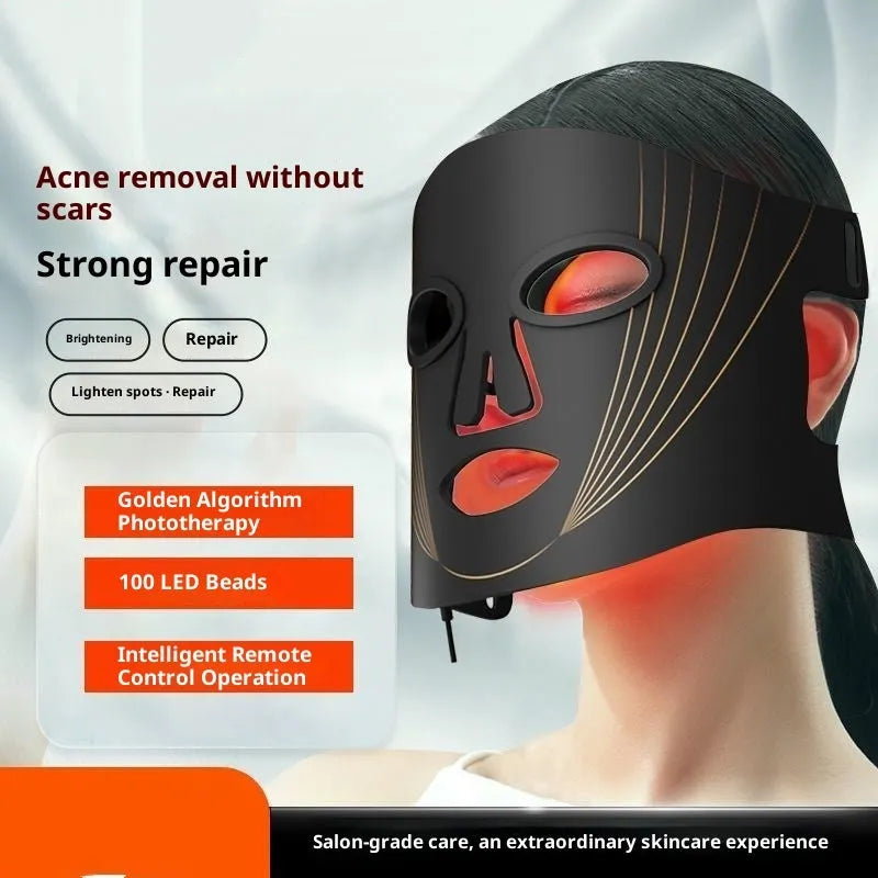 Black rechargeable LED face mask with remote control for red, yellow, and blue light home facial skin care
