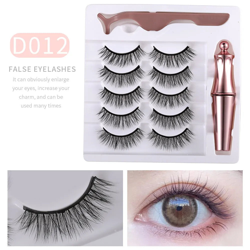 Five pairs of magnetic false eyelashes in styles D011 to D015 with tweezers and eyeliner on a flat surface