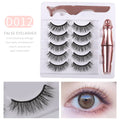 Five pairs of magnetic false eyelashes in styles D011 to D015 with tweezers and eyeliner on a flat surface