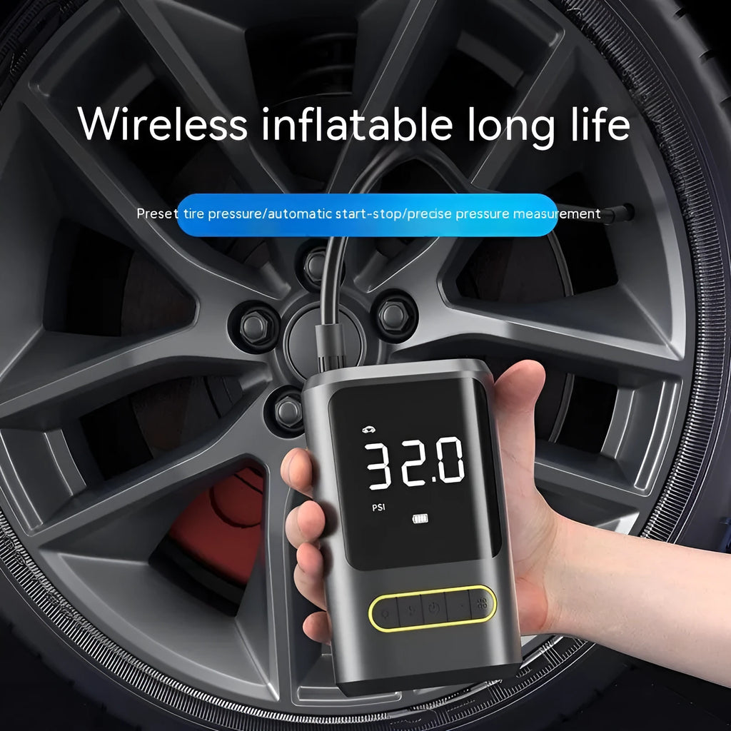 Handheld wireless digital display car air pump with LED light on black ABS body.