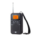 Portable pocket FM AM clock control stereo radio W-206 Black with digital display and built-in speaker on white background