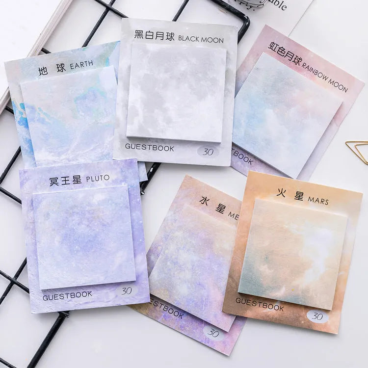 Square planet oil painting sticky notes pad showing Earth, Mars, Mercury designs