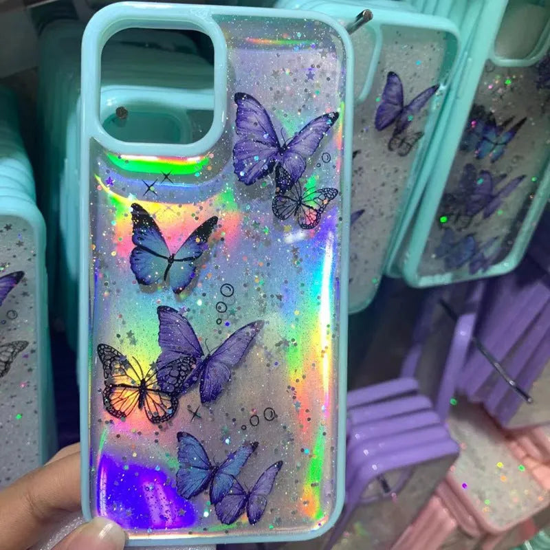 Pink epoxy glitter butterfly TPU phone case for iPhone with anti-fall back cover visible