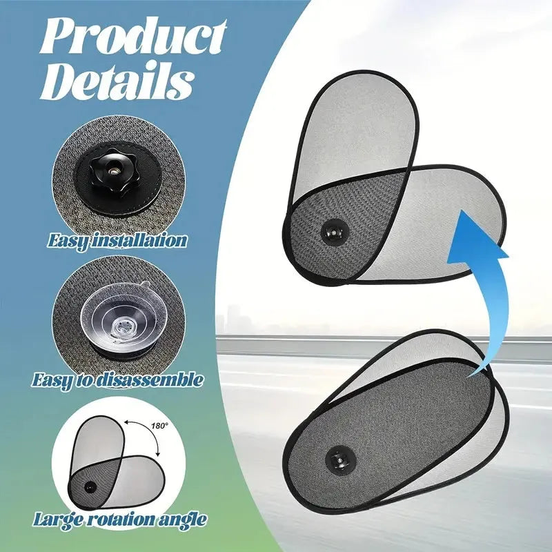 Black breathable car side window sunshade stretched over glass with suction cups.