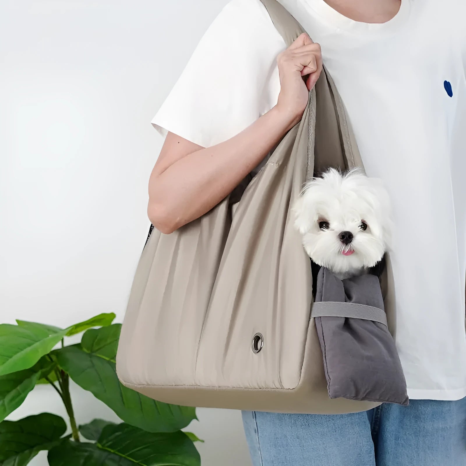 Apricot coloured cloth pet handbag with dimensions 41cm by 16cm by 28cm