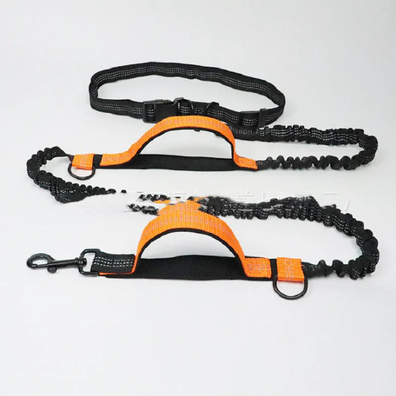 Polyester pet running lead extended, showing adjustable waist belt and clip, in fluorescent green colour.