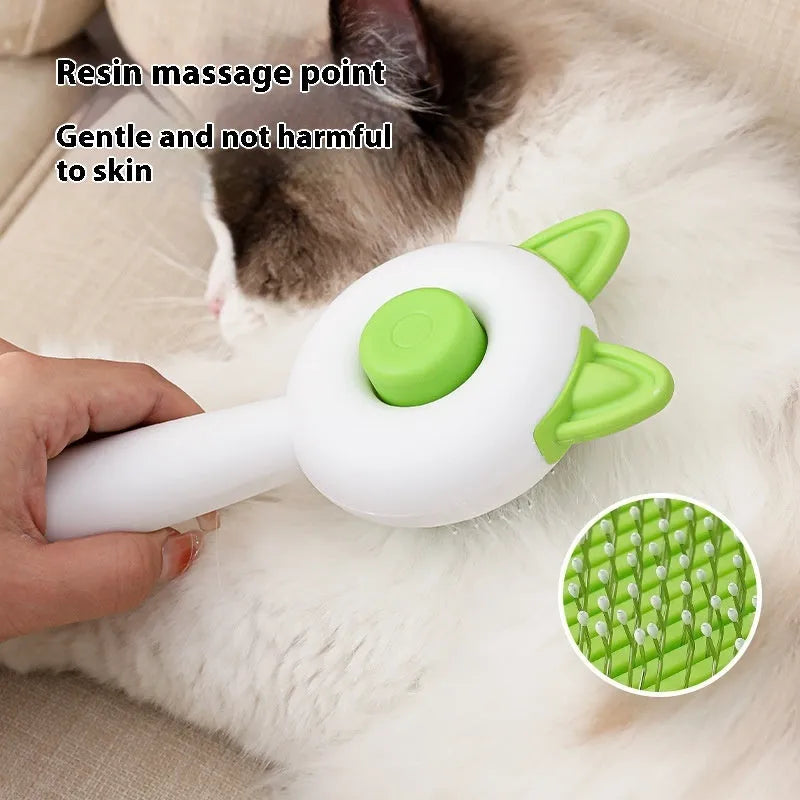 Self-cleaning cat grooming comb with stainless steel bristles in greenish white colour
