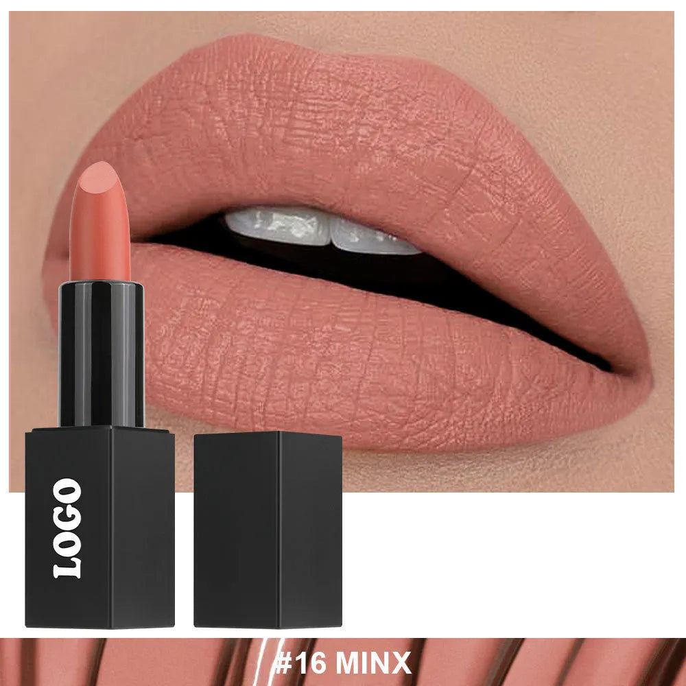 Matte finish lipstick in tube with nonstick cup applicator, one of 24 waterproof shade options.
