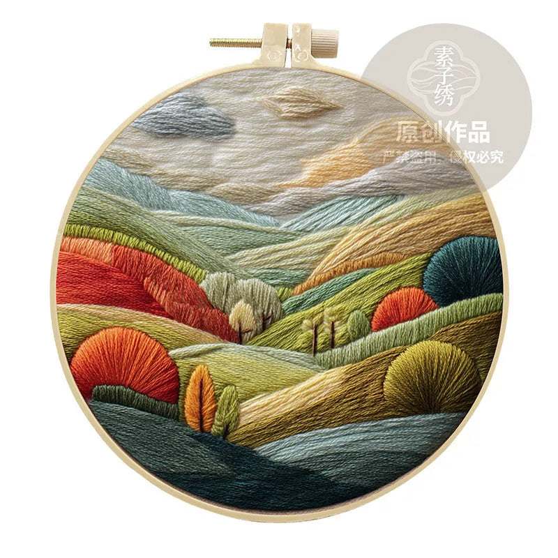 Embroidery DIY kit with bamboo frame, printed landscape fabric, embroidery thread and needles