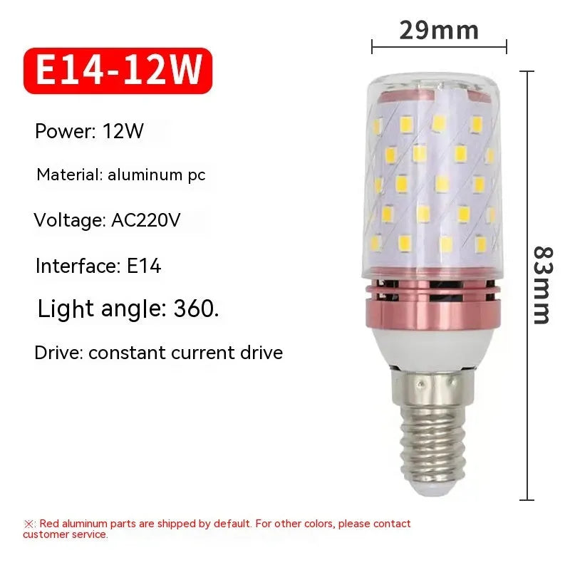E14 screw base LED corn light bulb showing 60 yellow LED beads and three colour temperature settings.
