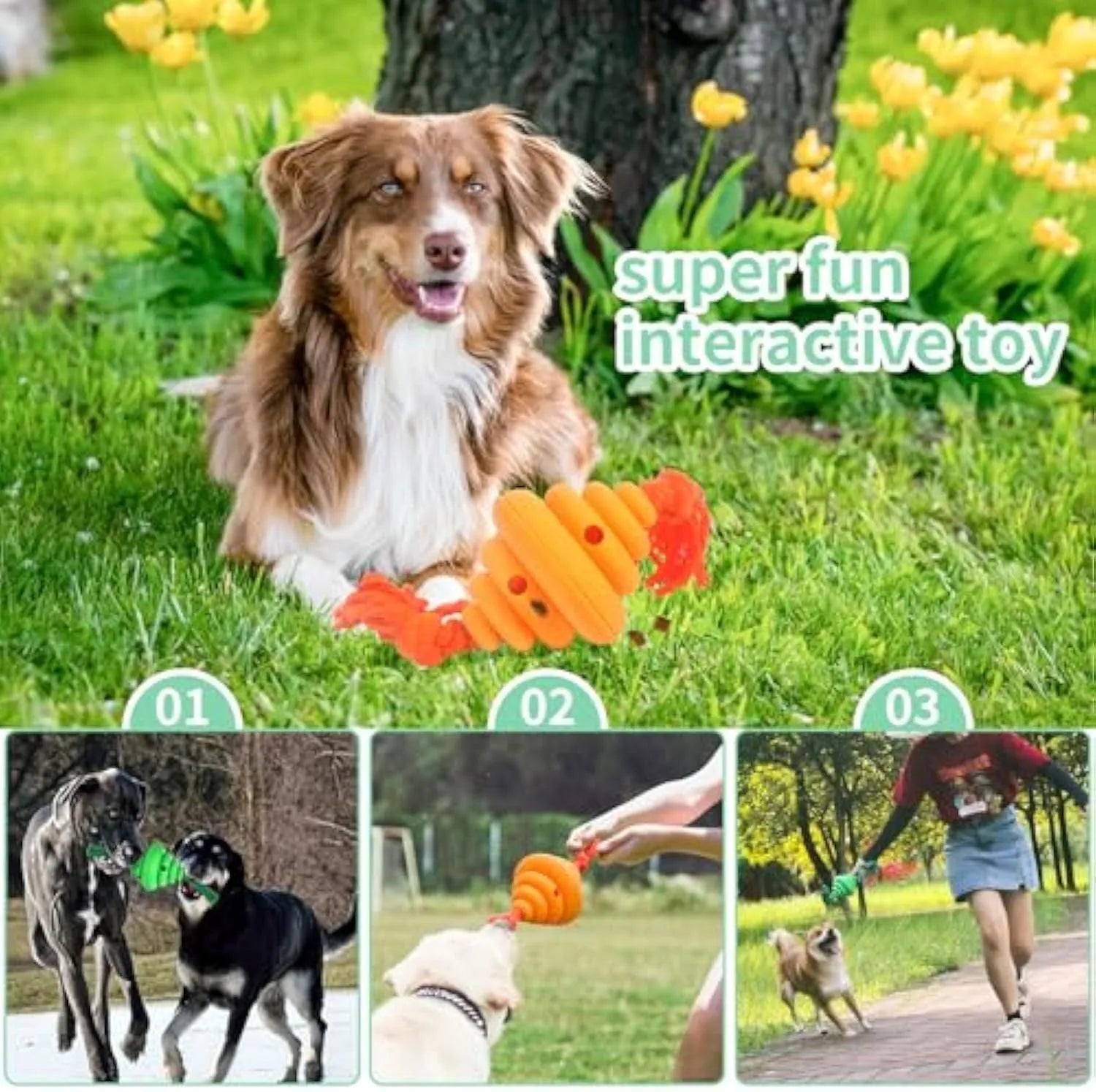 Green and yellow silicone dog ball with rope attachment for food dispensing and tug-of-war games
