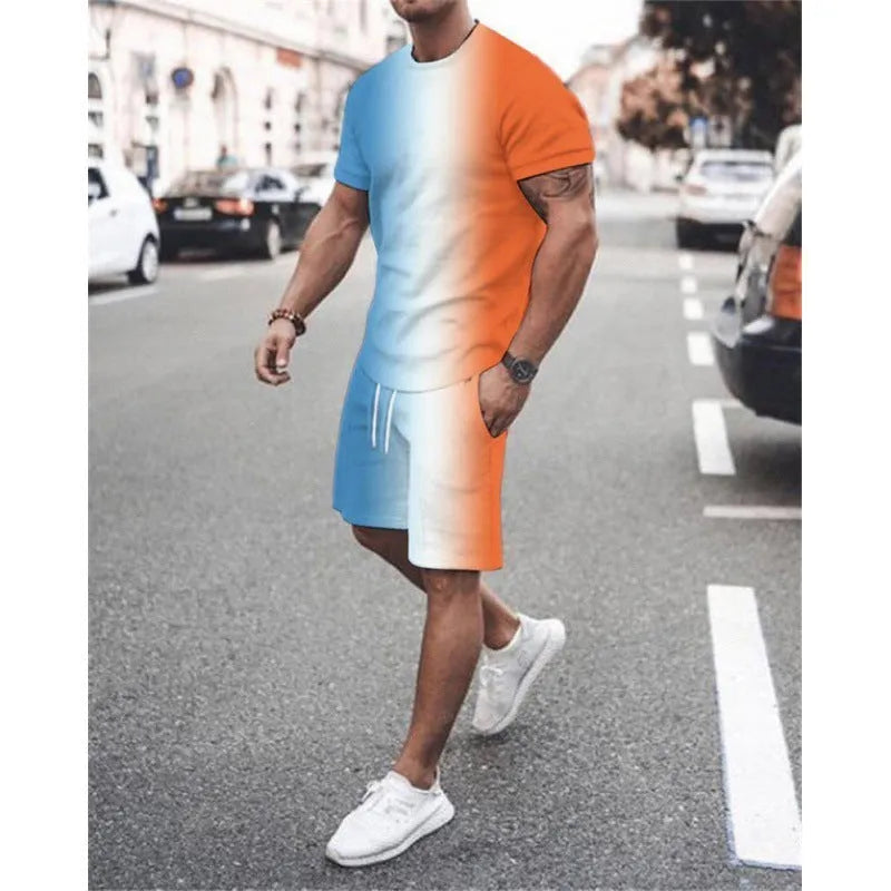 Men's casual short sleeve leisure suit set in mesh cloth polyester showing matching top and shorts