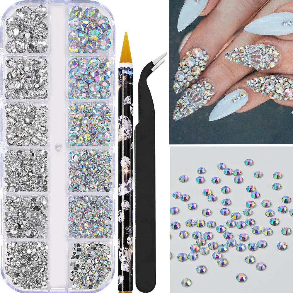 12-grid resin nail diamond strip box with mix of white, AB colour, pink diamond, round diamond, and semi-circular white pearl options