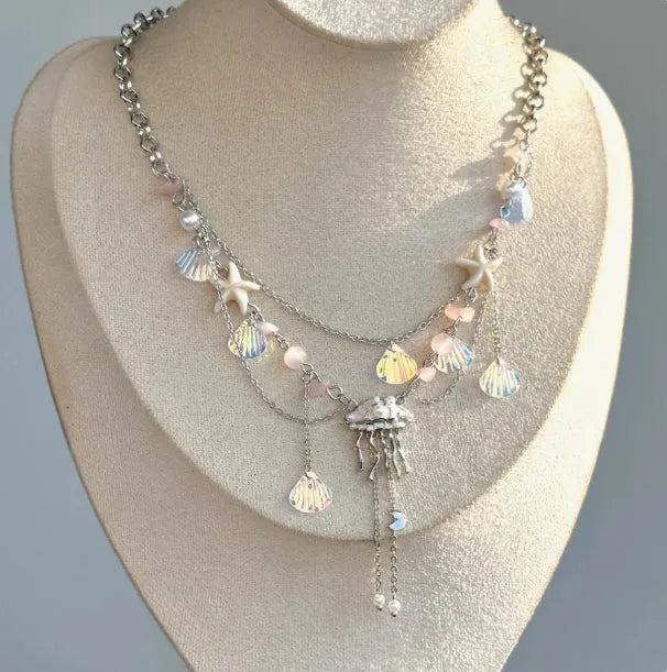 Frosted deep-sea jellyfish necklace and earrings with 30mm to 35mm pendant and under 10cm extension chain