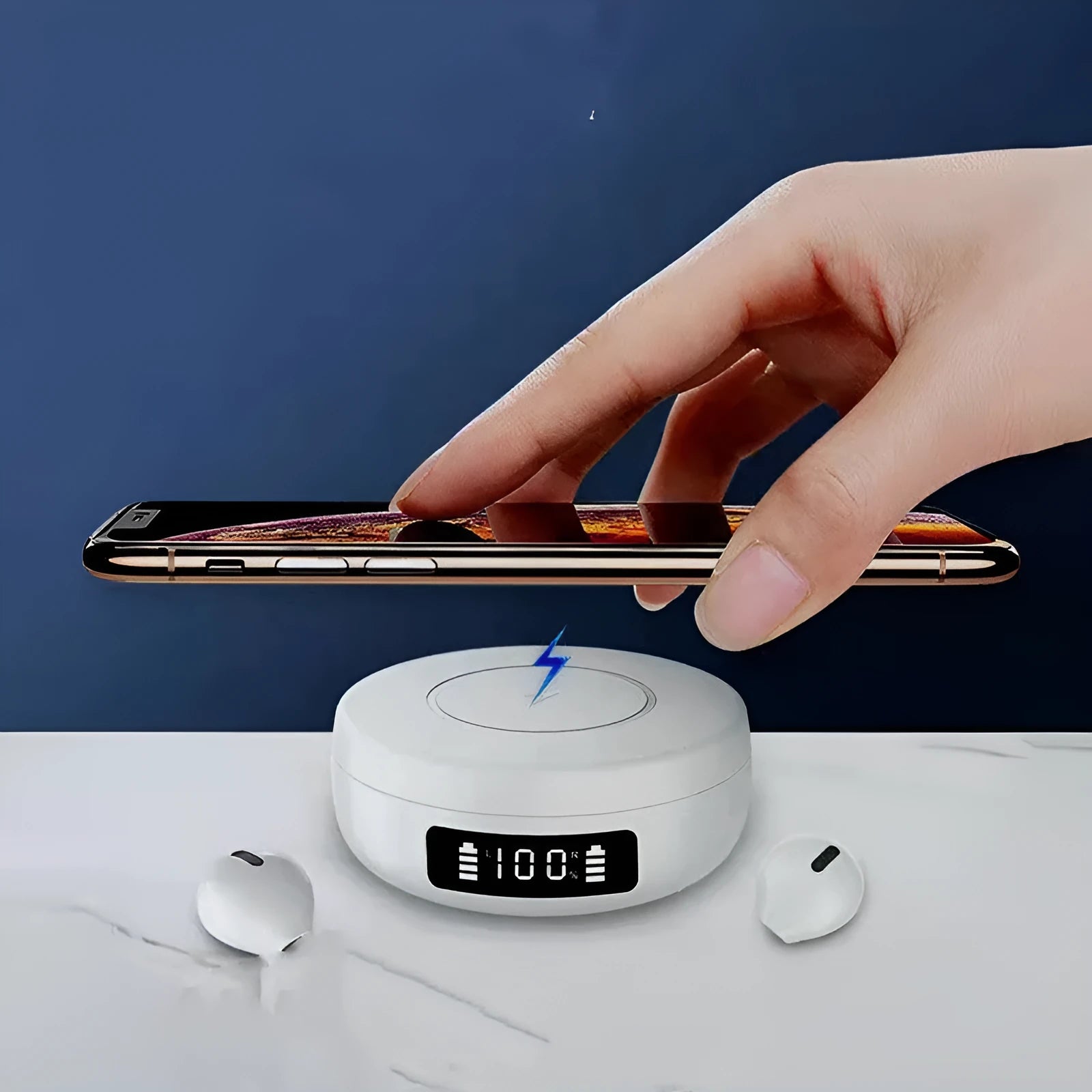 Black semi-in-ear wireless Bluetooth headphones and charging case on a white background