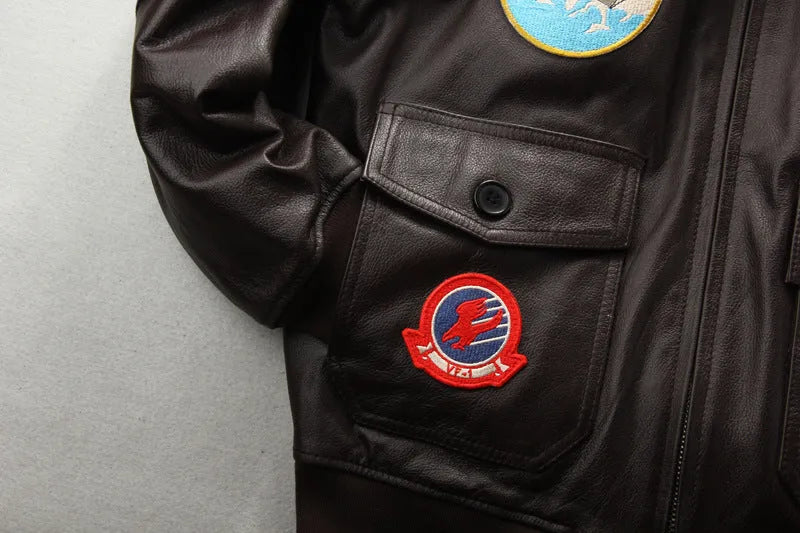 Men's embroidered cowhide leather motorcycle jacket, short zip front, brown or black, sizes S to XXXL