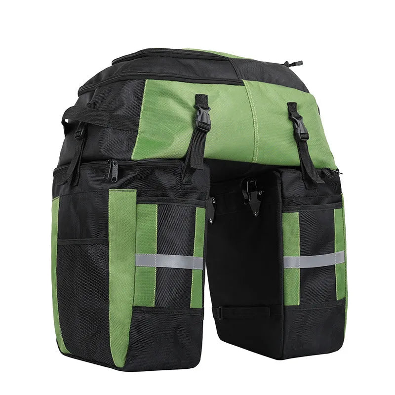 Rhinoceros brand three-in-one design 70L bicycle rear storage bag for touring, shown in available colours.