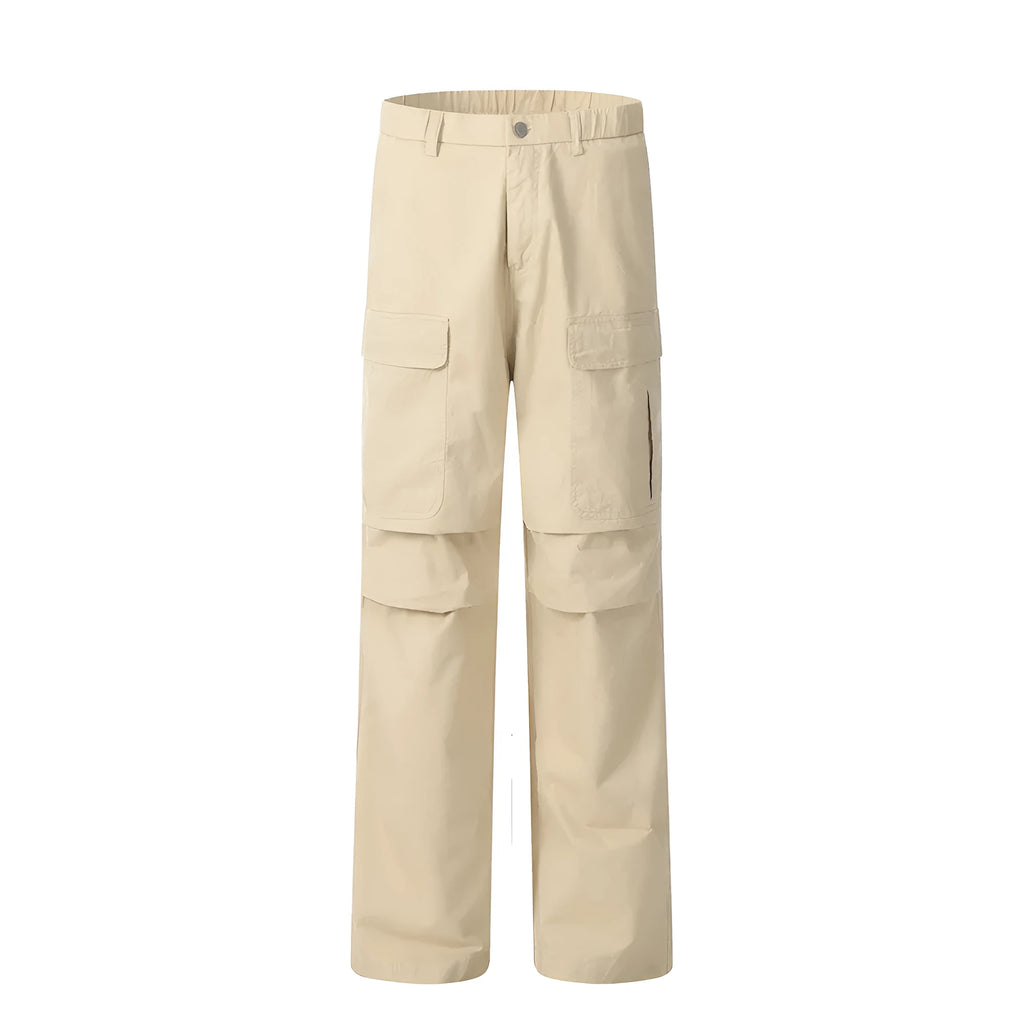 Men's solid colour cotton casual trousers in khaki, full-length view on display