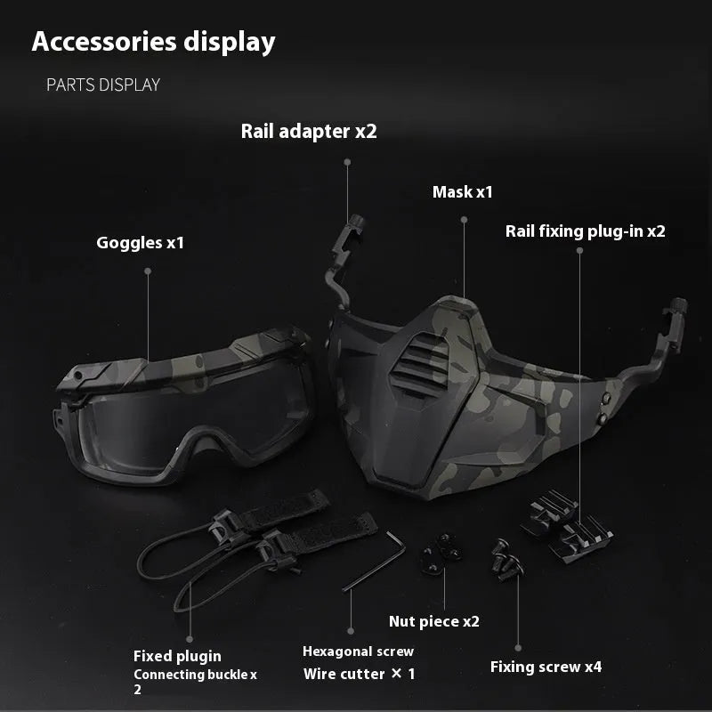 Tactical combination suit mask and goggles set in green with helmet style, free size, TPE and PC materials