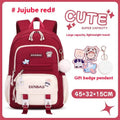 Pink waterproof school backpack set for girls with matching pencil case and tuition bag on a white background.