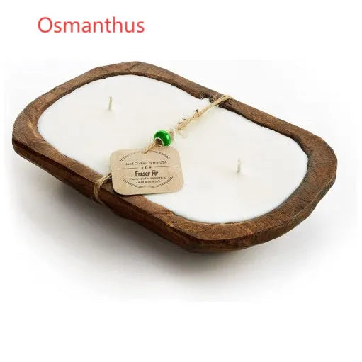 Retro lavender coloured wooden basin containing a soy wax aromatherapy candle with three wicks.