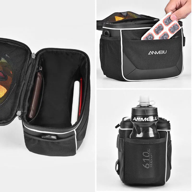 Black 7-inch polyester bicycle handlebar bag with mounting straps.